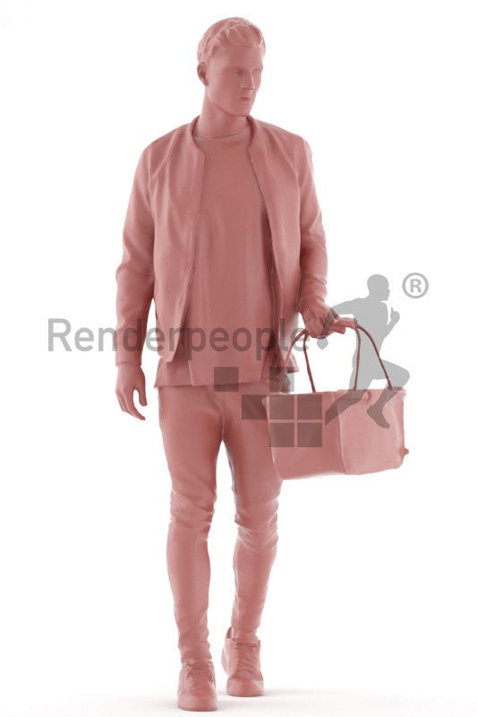 Photorealistic 3D People model by Renderpeople – white man, casual, walking with a basket