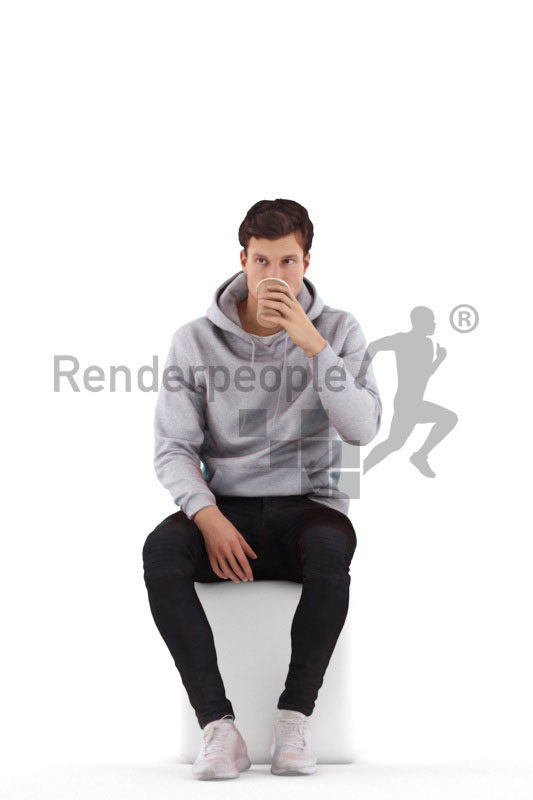 Posed 3D People model by Renderpeople – european man sitting and drinking coffee