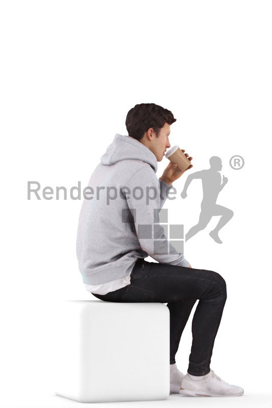 Posed 3D People model by Renderpeople – european man sitting and drinking coffee