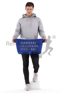 Posed 3D People model by Renderpeople – european man, walking downstairs with laundry basket