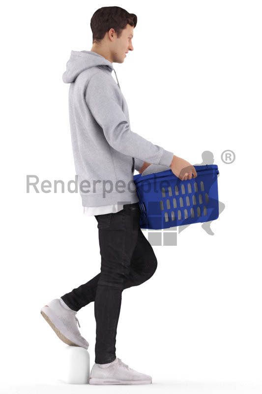 Posed 3D People model by Renderpeople – european man, walking downstairs with laundry basket