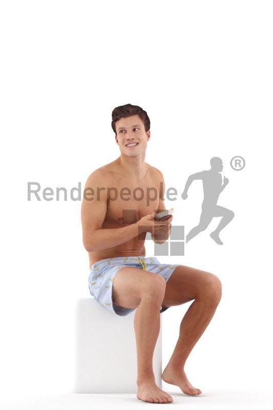 Posed 3D People model for renderings – european man in swimm shorts, sitting