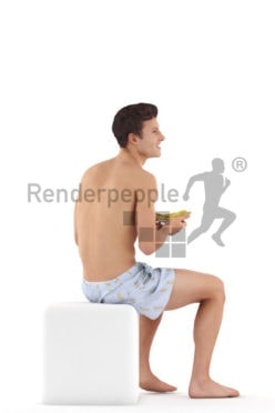 Posed 3D People model for renderings – european man in swimm shorts, sitting