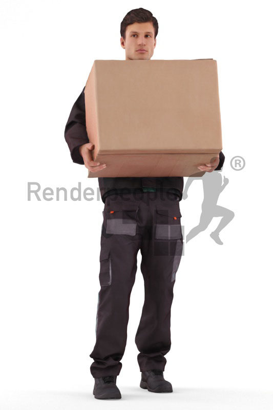 3d people worker,3d white man, carrying a packing case