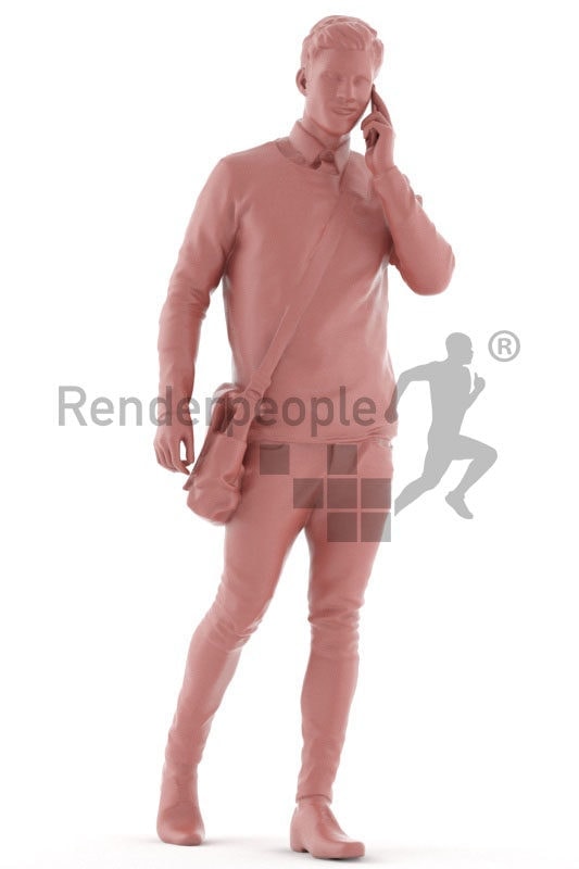 3d people smart casual, 3d white man, walking and calling