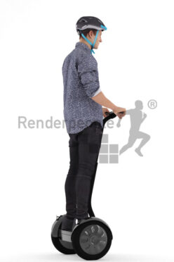 Photorealistic 3D People model by Renderpeople – european man on e-scooter, wearing casual shirt and helmet