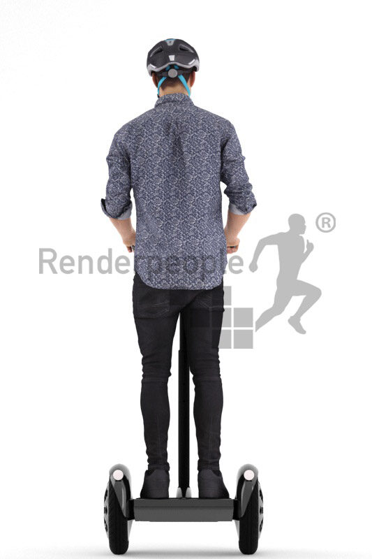 Photorealistic 3D People model by Renderpeople – european man on e-scooter, wearing casual shirt and helmet