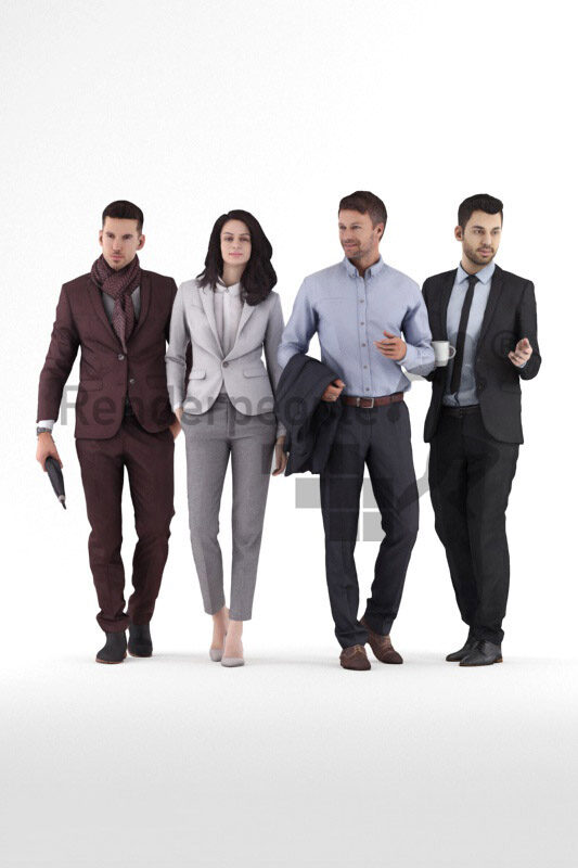 Posed 3D People model by Renderpeople – bundle, business standing, walking and sitting people