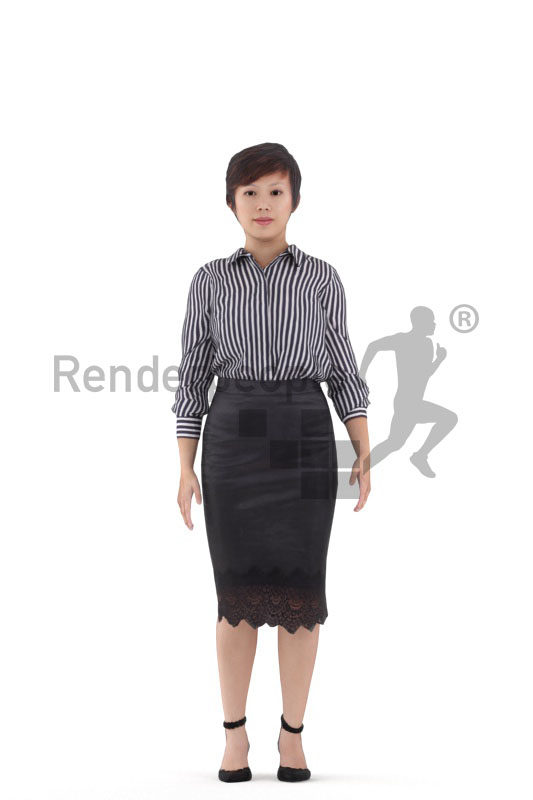 Animated 3D People model for realtime, VR and AR –asian woman in office look, standing
