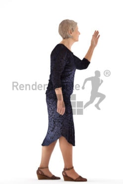 3d people event, best ager woman walking and waving