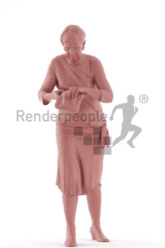 3d people event, best ager woman standing and searching in her bag