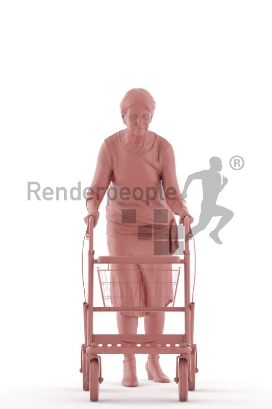 3d people casual, best ager woman walking with her rollator