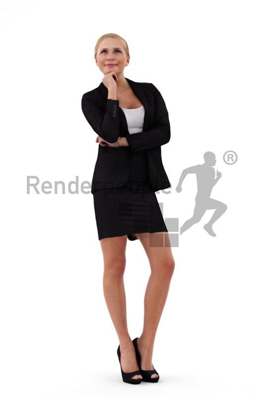 3d people business, white 3d woman standing and thinking