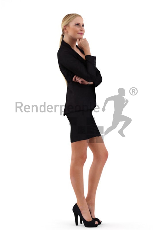 3d people business, white 3d woman standing and thinking