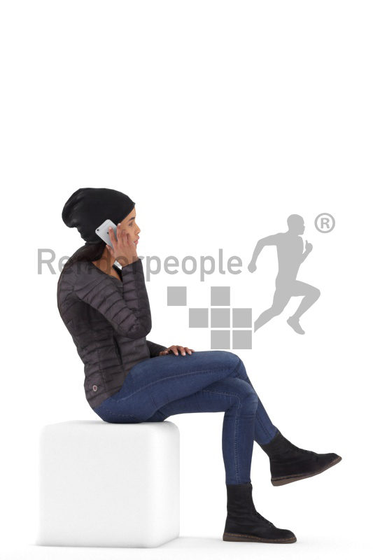 Human 3D model for animations – black woman, outdoor, sitting and calling