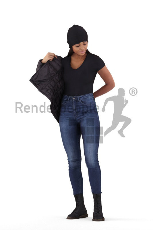 3D People model for 3ds Max and Sketch Up – black woman standing, outdoor, putting on her jacket