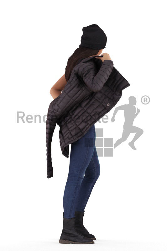 3D People model for 3ds Max and Sketch Up – black woman standing, outdoor, putting on her jacket