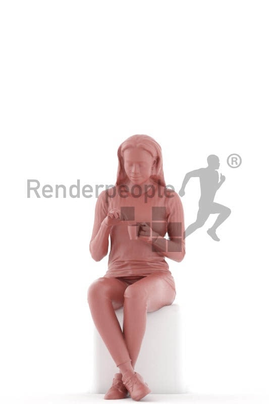 Photorealistic 3D People model by Renderpeople – black woman sitting and drinking