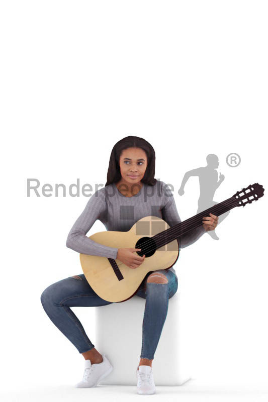 Posed 3D People model by Renderpeople – black woman playing the guitar