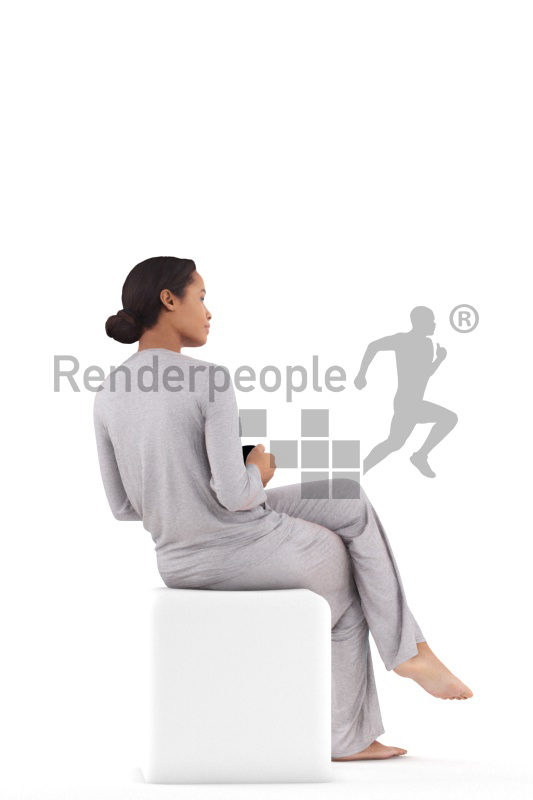 Scanned human 3D model by Renderpeople – black woman in pyjamas, sitting with a mug
