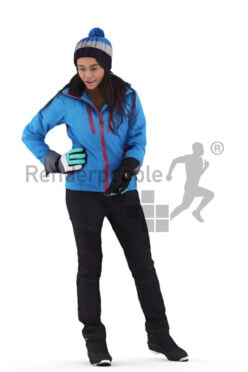 Scanned 3D People model for visualization – black woman in skiing outfit, wearing a hat and gloves, standing and communicating