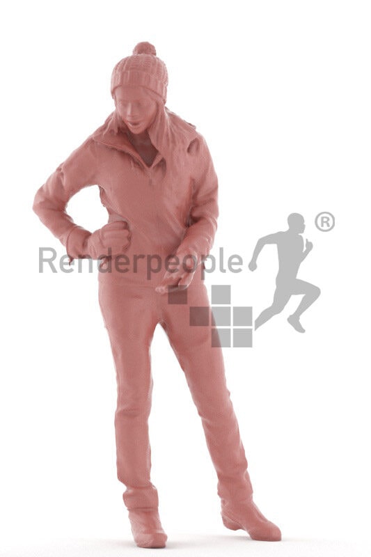 Scanned 3D People model for visualization – black woman in skiing outfit, wearing a hat and gloves, standing and communicating