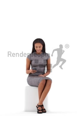 Photorealistic 3D People model by Renderpeople – black woman, sitting an texting, event