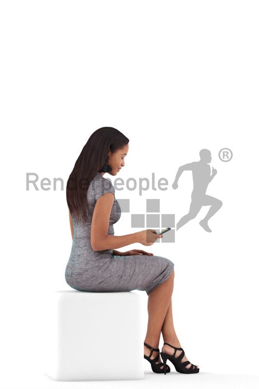Photorealistic 3D People model by Renderpeople – black woman, sitting an texting, event