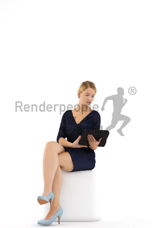 3d people business, white 3d woman sitting using a tablet