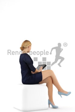 3d people business, white 3d woman sitting using a tablet