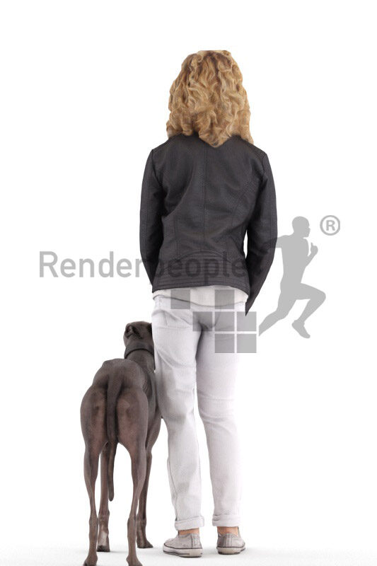 Scanned human 3D model by Renderpeople – european woman in casual leather jacket, standing with her dog