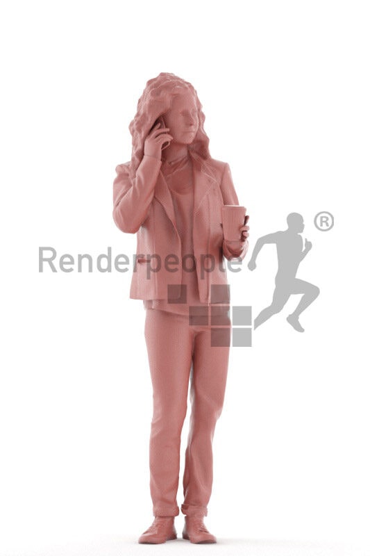 3D People model for 3ds Max and Cinema 4D – european woman in casual leather jacket, holding a cup of coffee and calling