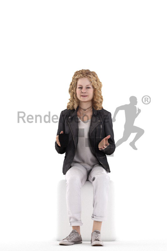 Posed 3D People model by Renderpeople – white woman in casual leather jacket, sitting and talking