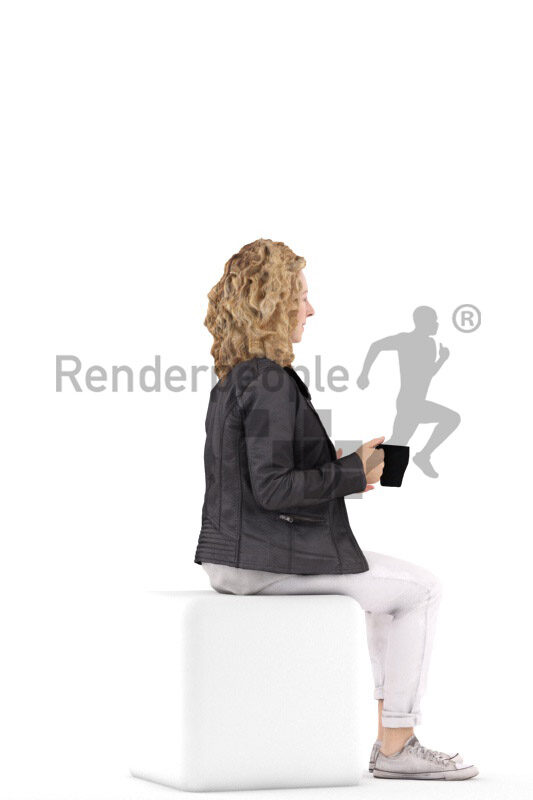 Posed 3D People model by Renderpeople – white woman in casual leather jacket, sitting and talking