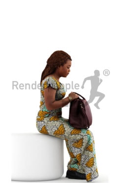 3d people shopping, black 3d woman sitting checking her back
