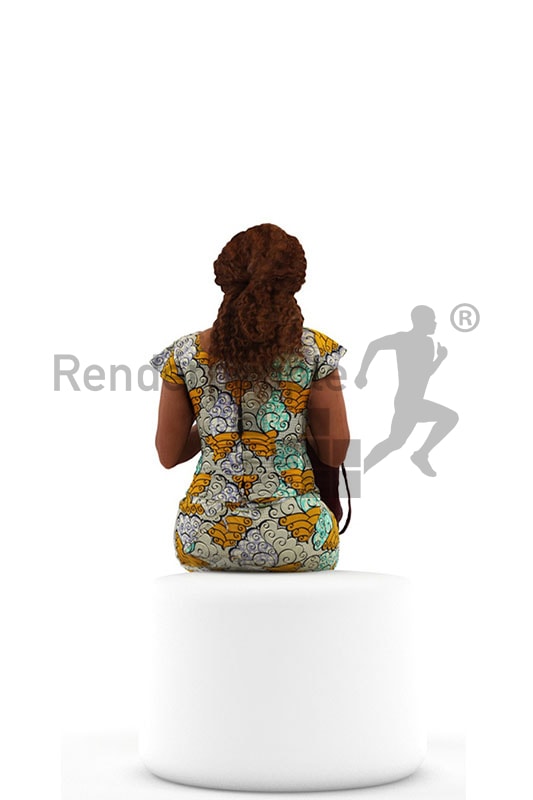 3d people shopping, black 3d woman sitting checking her back