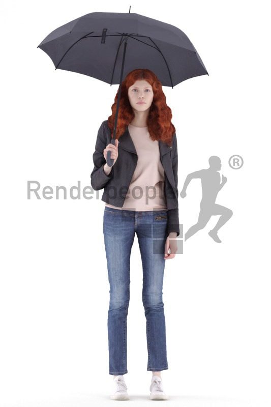 3d people casual, white 3d woman standing and holding umbrella