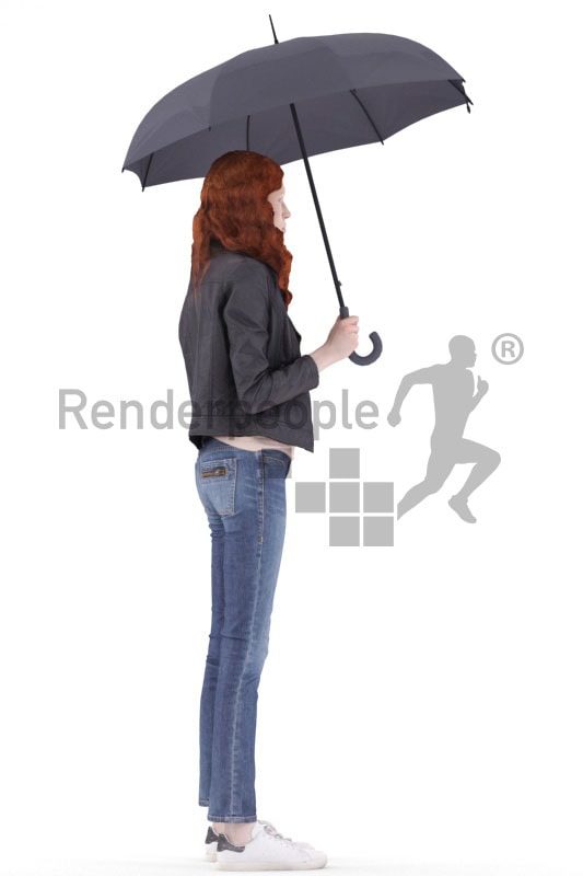 3d people casual, white 3d woman standing and holding umbrella