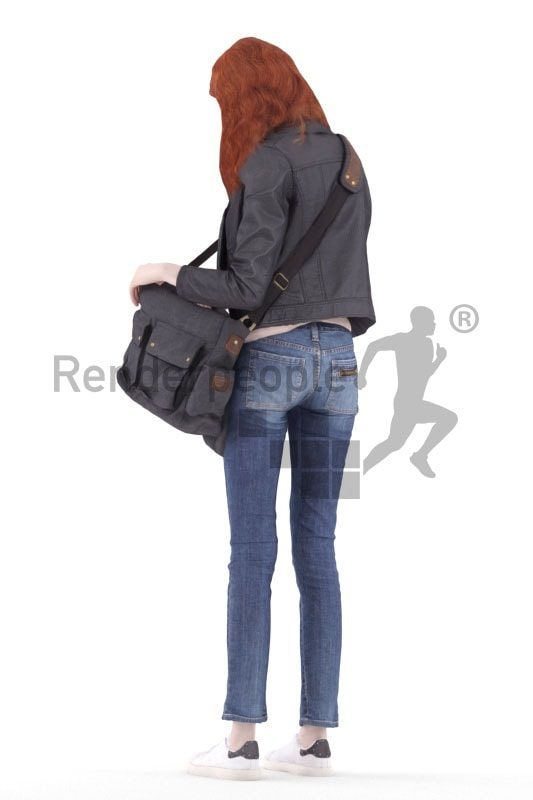 3d people casual, white 3d woman standing and looking into bag
