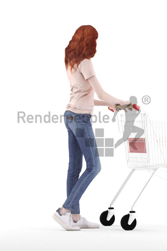 Scanned 3D People model for visualization – european female in casual daily look, walking with trolly