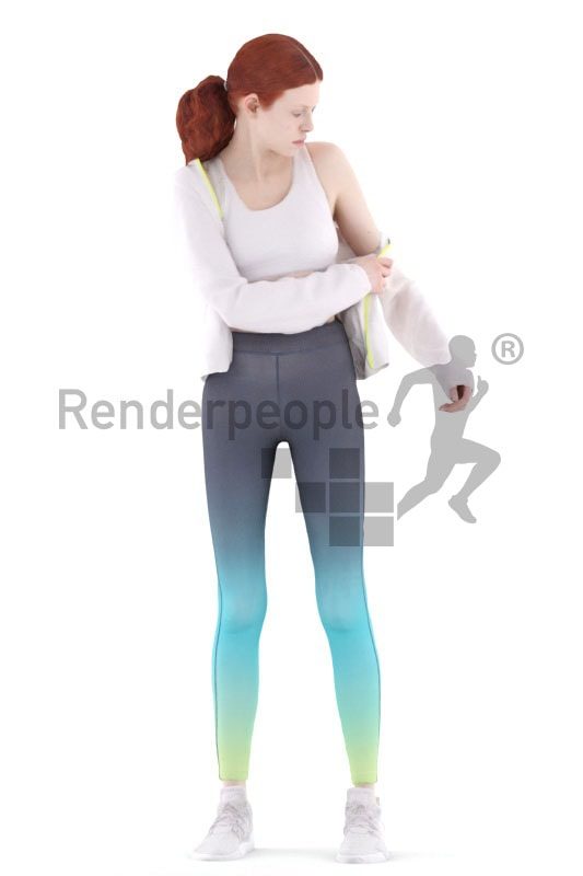 3d people sports, white 3d woman standing and putting on clothes
