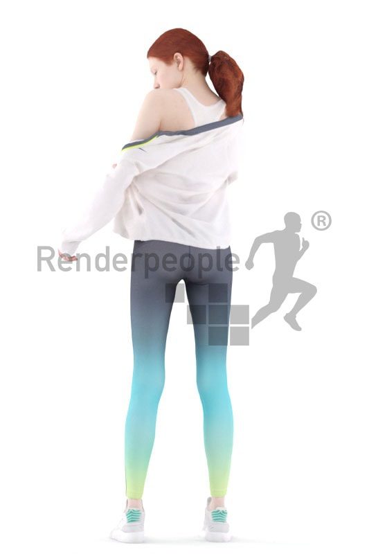3d people sports, white 3d woman standing and putting on clothes