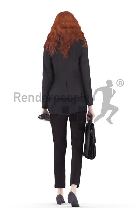 3d people business, white 3d woman walking carrying umbrella and bag