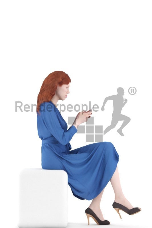 3d people event, white 3d woman sitting and holding a smartphone