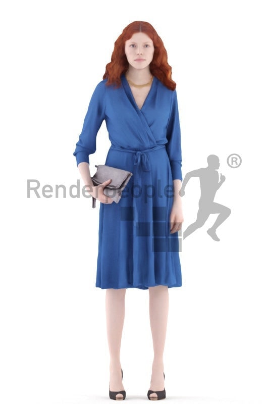 3d people event, white 3d woman standing holding a clutch
