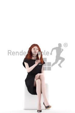 Photorealistic 3D People model by Renderpeople – european woman in red hair in chic event dress, sitting and drinking champagne