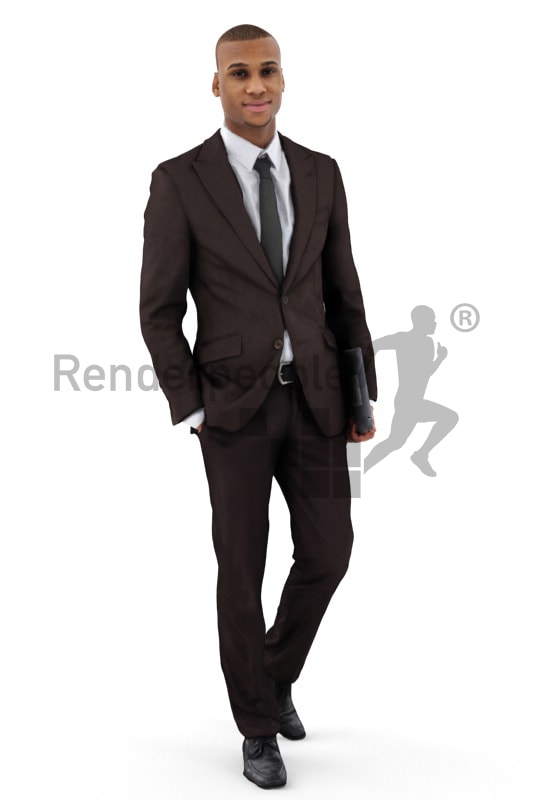 3d people business, black 3d man wearing a suit and carrying a laptop