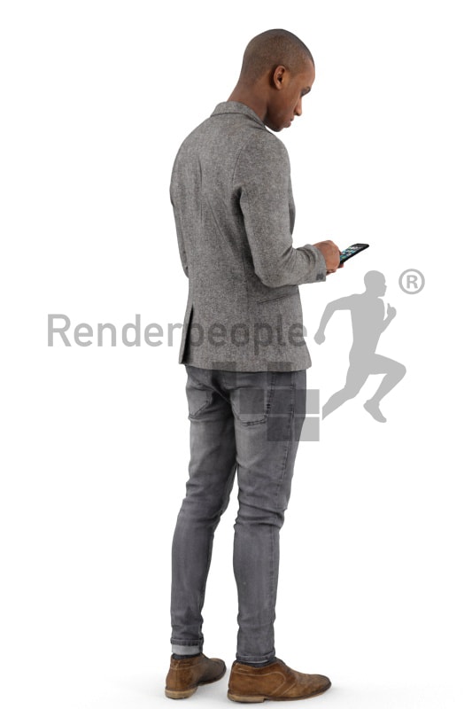 3d people business, black 3d man wearing a suit and typing on his phone