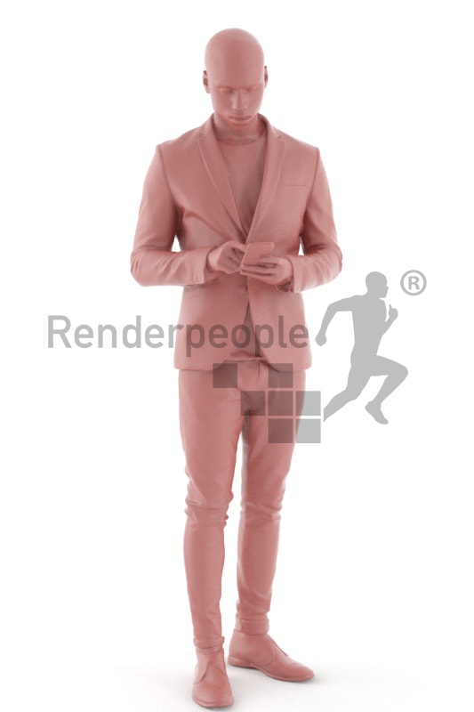 3d people business, black 3d man wearing a suit and typing on his phone