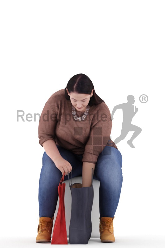 3d people casual, white 3d woman sitting and reaching into her shopping bags